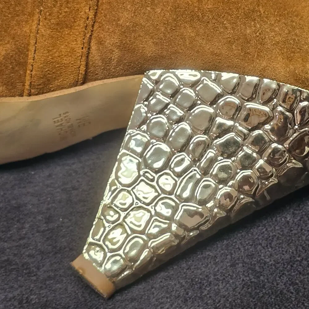 Michael Kors Brown Leather Peep Toe Ankle Strap Gold Cone High Heel Shoe